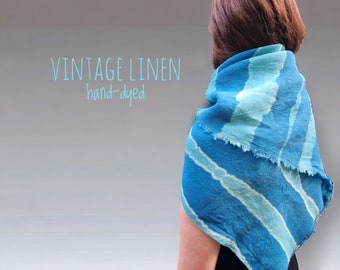 Hand-Dyed Linen Beach Cover Up: Large Blue Vintage Scarf, Unique Shibori Sarong. One of a kind gift for her or him