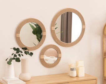 Dfn WoodArt Vintage Holz und Juteseil Optik Rustikaler runder 3-teiliger Wandspiegel für Hausdekoration Wohnzimmer, Schlafzimmer, Lounge und Waschbecken