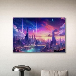 Art Print Futuristic City Skyline Synthwave Style Cyberpunk Neon Colors Wall Decoration Digital Art Print 3