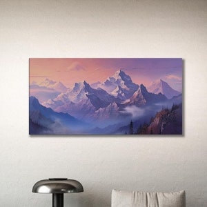 May include: A painting of a mountain range with a purple and pink sky. The mountains are covered in snow and the sky is filled with clouds.