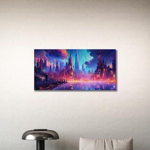 Art Print Futuristic City Skyline Synthwave Style Cyberpunk Neon Colors Wall Decoration Digital Art Print