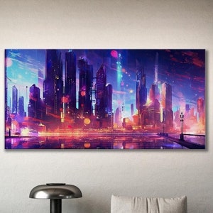 Art Print Futuristic City Skyline Synthwave Style Cyberpunk Neon Colors Wall Decoration Digital Art Print 2