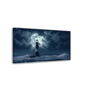 Mystic Lighthouse 2, Modern Art, Wall Decor Canvas, Fantasy, Mystic Landscape Art, Full Moon on the Beach