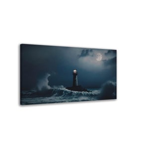 Mystic Lighthouse 5, Modern Art, Wall Decor Canvas, Fantasy, Mystic Landscape Art, Full Moon on the Beach
