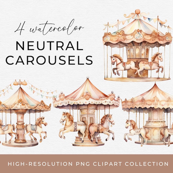 Carousel Horse Clipart Neutral Boho Merry-Go-Round Image Bundle Carousel Ride with Horses Transparent PNG Clipart Commercial Use Images