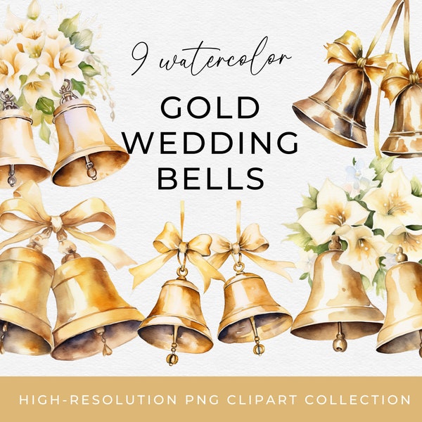 Wedding Bells Clip Art Gold Watercolor Wedding Bells Image Bundle Transparent PNG Clipart Commercial Use Images Bells Ribbon & Flowers