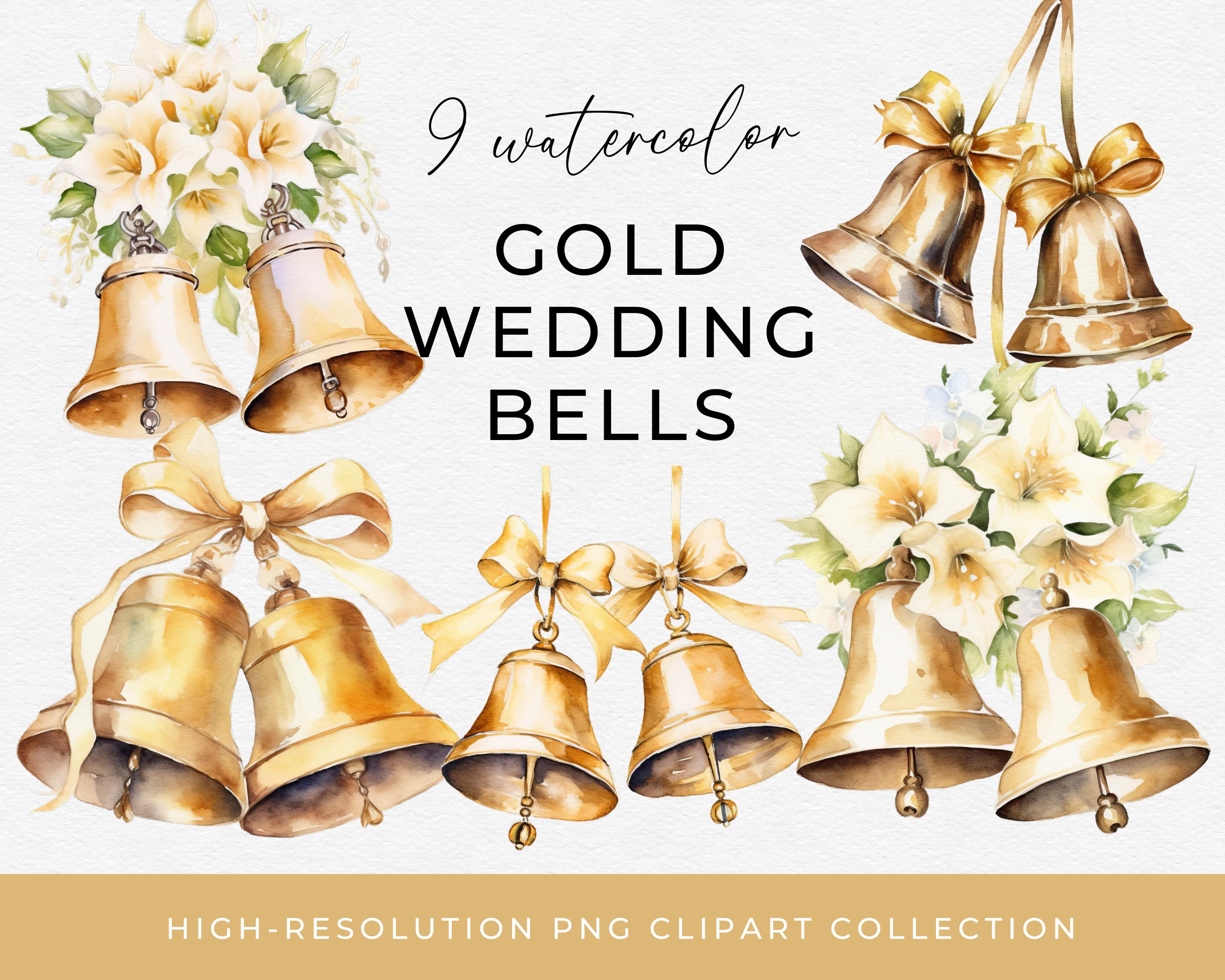 Wedding Bells Clip Art Gold Watercolor Wedding Bells Image Bundle  Transparent PNG Clipart Commercial Use Images Bells Ribbon & Flowers