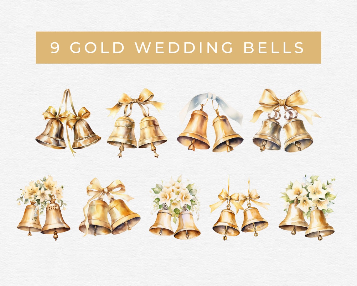 Wedding Bells Clip Art Gold Watercolor Wedding Bells Image Bundle