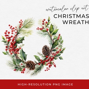 Watercolor Christmas Wreath Clipart with Holly Berries Pinecones Boho Graphic Individual Clip Art Image Transparent PNG Commercial Use