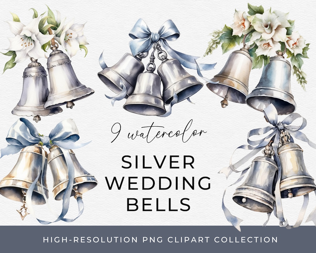 Wedding Bells Clip Art Silver Watercolor Wedding Bells Image Bundle