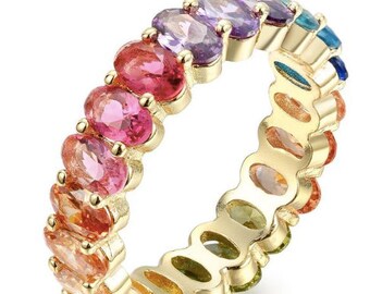 Multicolored Oval Stones Eternity Ring in Silver Pleated in Yellow Gold