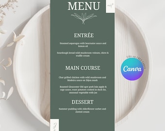 Modelo de Menu de Casamento Canva | Folha de Oliveira Minimalista Verde Sálvia | Download do Menu de Recepção Imprimível 4x9
