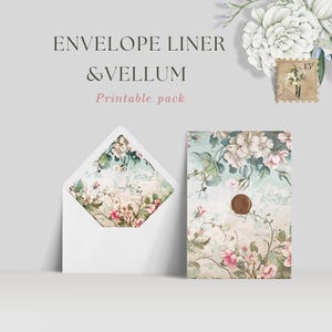 Juego de plantillas para sobre y funda de papel vitela con estampado floral para invitaciones de boda de 5"x7" / Papel de regalo translúcido / Papelería de lujo a juego