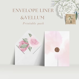 Op de afbeelding: Een printbare set met envelopvoeringen en perkamentpapier met een aquarelontwerp van roze rozen en groene bladeren. De tekst "ENVELOPE LINER & VELLUM Printable pack" staat bovenaan de afbeelding.