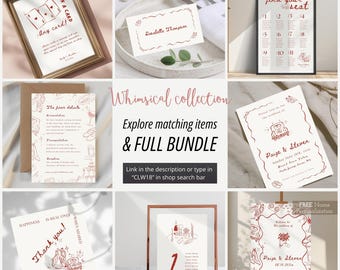 Pacchetto matrimonio stravagante: set di partecipazioni di nozze disegnate a mano, modificabili su Canva, download digitale stampabile.