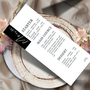 Black and White Wedding Menu Template, Printable Modern Eat Wedding Card, Simple Calligraphy, DIY Reception Table Menu Editable 4x9, CLW03