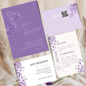 Lavender Love: Conjunto de convites de casamento DIY Li Lac com QR Code RSVP, lista de presentes e toques florais lilás, tema roxo editável qua, CLW08