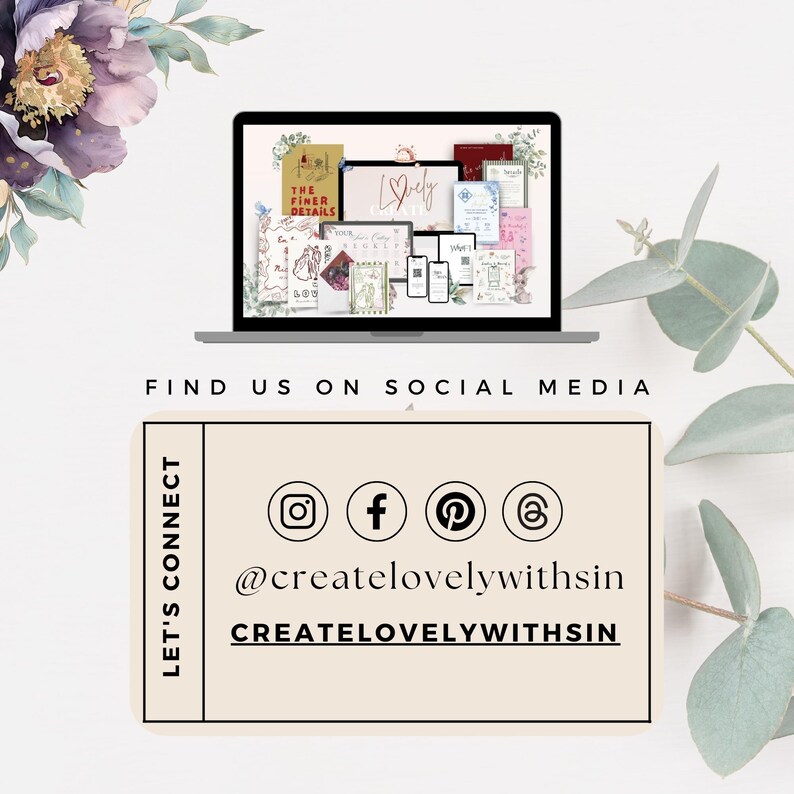 May include: A laptop screen showcases stationery designs, with the text "The Finer Details" visible. Below, a beige rectangle displays social media icons and the handle @createlovelywithin. The text "Find us on social media" is above.