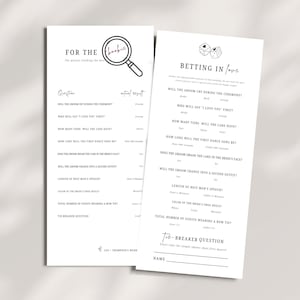 May include: Two white paper wedding game sheets with black text. One sheet says "For the Bride" with a magnifying glass graphic. The other says "Betting in Love" with dice graphics. Both sheets have questions.
