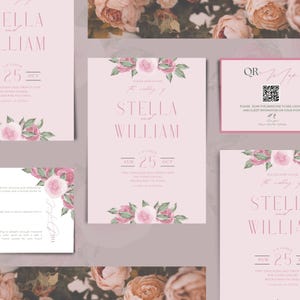 Conjunto de convites de casamento Dusty Rose com mapa de código QR do local do casamento, RSVP rosa blush, conjunto de convites moderno, download digital, editável Canva, CLW01