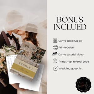 May include: A wedding guest list template with the word "WEDDING" and "Guest list" on the cover. The image includes a "Canva Basic Guide", "Printe Guide", "Canva tutorial video", "Print shop referral code", and "Wedding guest list".