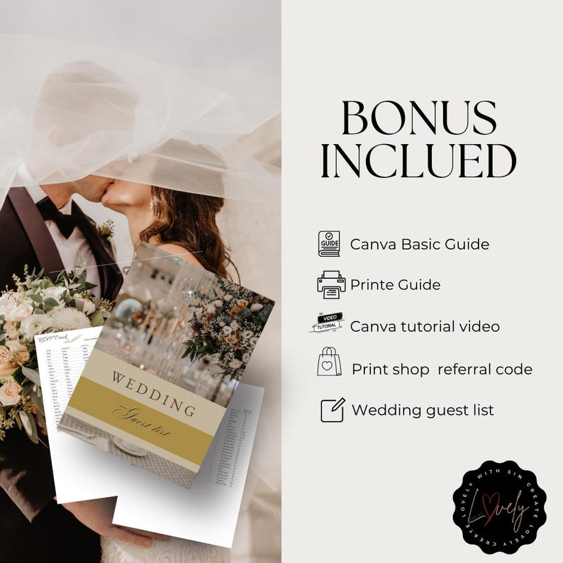 May include: A wedding guest list template with the word "WEDDING" and "Guest list" on the cover. The image includes a "Canva Basic Guide", "Printe Guide", "Canva tutorial video", "Print shop referral code", and "Wedding guest list".