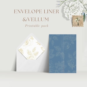 Modello di fodera per busta 5x7 per invito con velina per matrimonio, A7 Euro e lembo quadrato, floreale blu, "Sussurro floreale in blu", CLW07