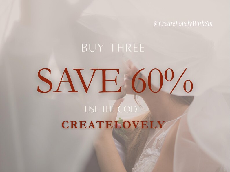 May include: A soft, blurred image with text overlay. The text reads "BUY THREE SAVE 60%" in a deep red font, with the words "USE THE CODE CREATELOVELY" below. The background is a light, neutral colour.