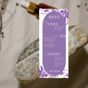 Lavender Wedding Menu Template: Printable Dinner Menu Card (4x9, Digital Download