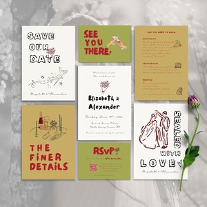 Hand drawn Wedding Invite Suite: Custom Save The Date, Details Card, RSVP Card, Retro Food & Wine Wedding Invitation Card, Digital Prints