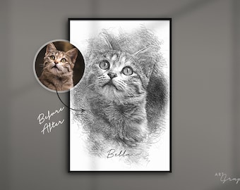 Portrait de chat à partir d'une photo comme impression d'art | Dessin au crayon | cadeau personnalisé | Dessin d’animaux | ArtGraphite No. 1 | noir et blanc