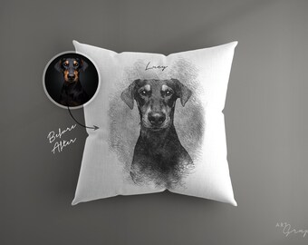 Hunde Kissen personalisiert mit Namen | personalisiertes Geschenk | Tier Zeichnung auf Fotokissen | ArtGraphit No. 1 | schwarz/weiß Gemälde