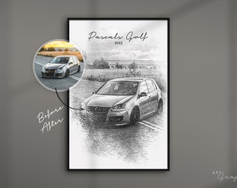 Auto Portrait vom Foto als Kunstdruck | personalisiertes Geschenk | Auto Tuning Zeichnung | ArtGraphit No. 1 | schwarz/weiß Gemälde