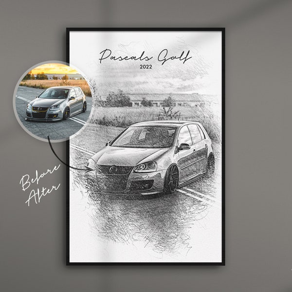 Auto Portrait vom Foto als Kunstdruck | personalisiertes Geschenk | Auto Tuning Zeichnung | ArtGraphit No. 1 | schwarz/weiß Gemälde