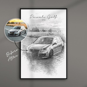 Car portrait from photo as art print | personalized gift | car tuning drawing | ArtGraphit No. 1 | black/white painting