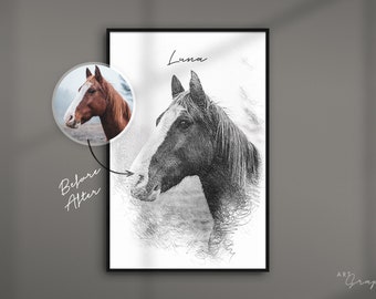 Pferde Portrait vom Foto als Kunstdruck | Bleistift Zeichnung | personalisiertes Geschenk | Tier Zeichnung | ArtGraphit No. 1 | schwarz/weiß