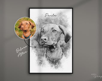 Portrait de chien au crayon à partir d'une photo en impression d'art | cadeau personnalisé | dessin d'animaux | ArtGraphite No. 1 | peinture en noir et blanc