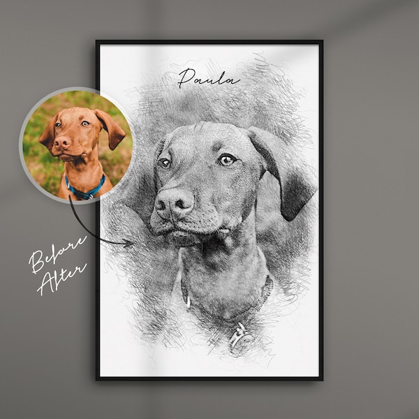 Portrait de chien au crayon à partir d'une photo en impression d'art | cadeau personnalisé | dessin d'animaux | ArtGraphite No. 1 | peinture en noir et blanc