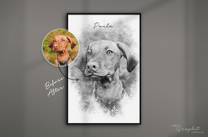 Bleistift Hunde Portrait vom Foto als Kunstdruck personalisiertes Geschenk Tier Zeichnung ArtGraphit No. 1 schwarz/weiß Gemälde Bild 1