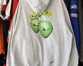 Vintage Alien UFO Köpfe Spiral Grau Hoodie Y2K Cybergrunge Space Sweatshirt, Größe XL
