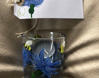 Portavelas pintado a mano con Acianos y abejas