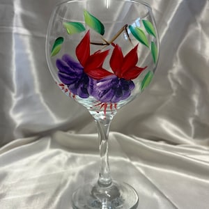 Gin glass hand painted with fuchsia blooms