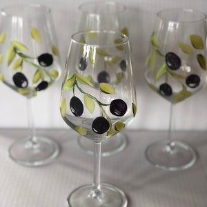 Set of four large wine glasses hand painted with Olives and foliage