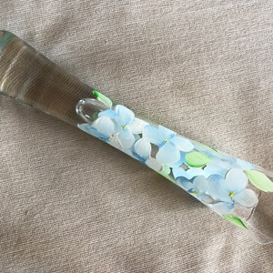 Hand painted Hydrangea flowers on a slender glass stem vase