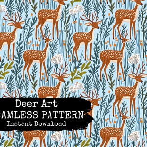 Deer in Blue Pattern Digital File for Instant Download - Watercolor Deer Fabric Design Print  Repeating Pattern - Commercial Use Permitted
