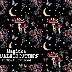 Witchy Digitale Nahtlosdatei - Himmlische Pilze und Mond, sich wiederholendes Musterpapier zum sofortigen Download - Magische Pilze Digitales Papier