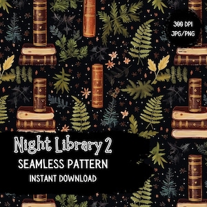 Dark Academia Seamless Pattern File - Books & Ferns - Dark Aesthetic Digital Paper - Instant Download - Commercial Use Permitted