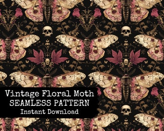 Dark Floral Moth Digital Seamless Pattern File - Vintage Skulls Moths and Florals Dark Aesthetic Surface Pattern Design - Instant Download