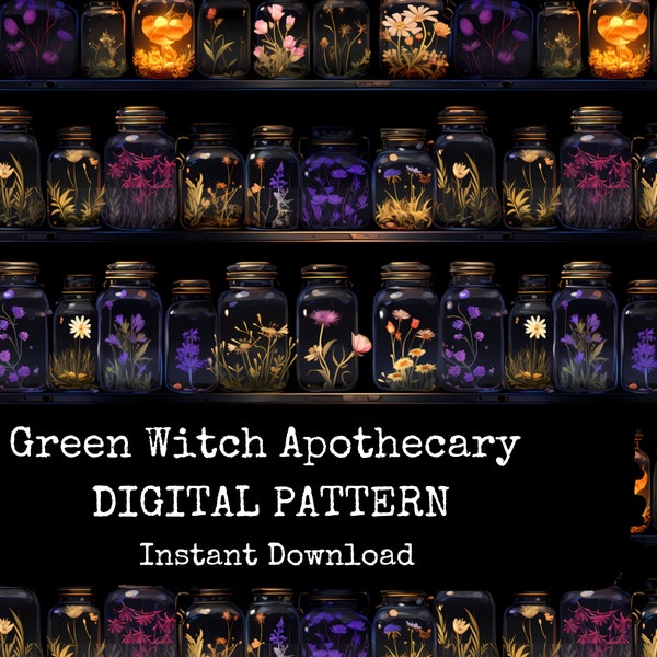 Witchy Seamless Repeat Pattern - Spell Jar Digital Paper for the Green Witch - Instant Download - Commercial Use Permitted