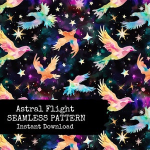 File modello Spirit Birds Seamless - Design superficie digitale senza soluzione di continuità con colombe e stelle astrali - Download immediato - Uso commerciale consentito